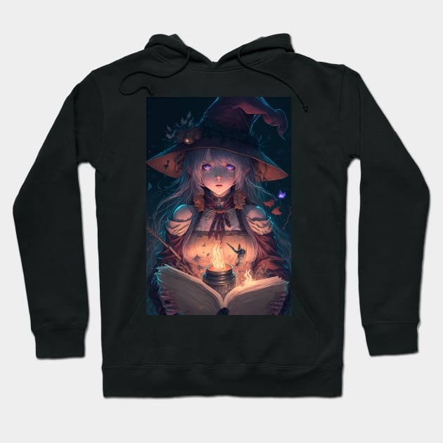 Anime Hot Wizard Girl Reading a Book of Spells Hoodie by Bubblebug